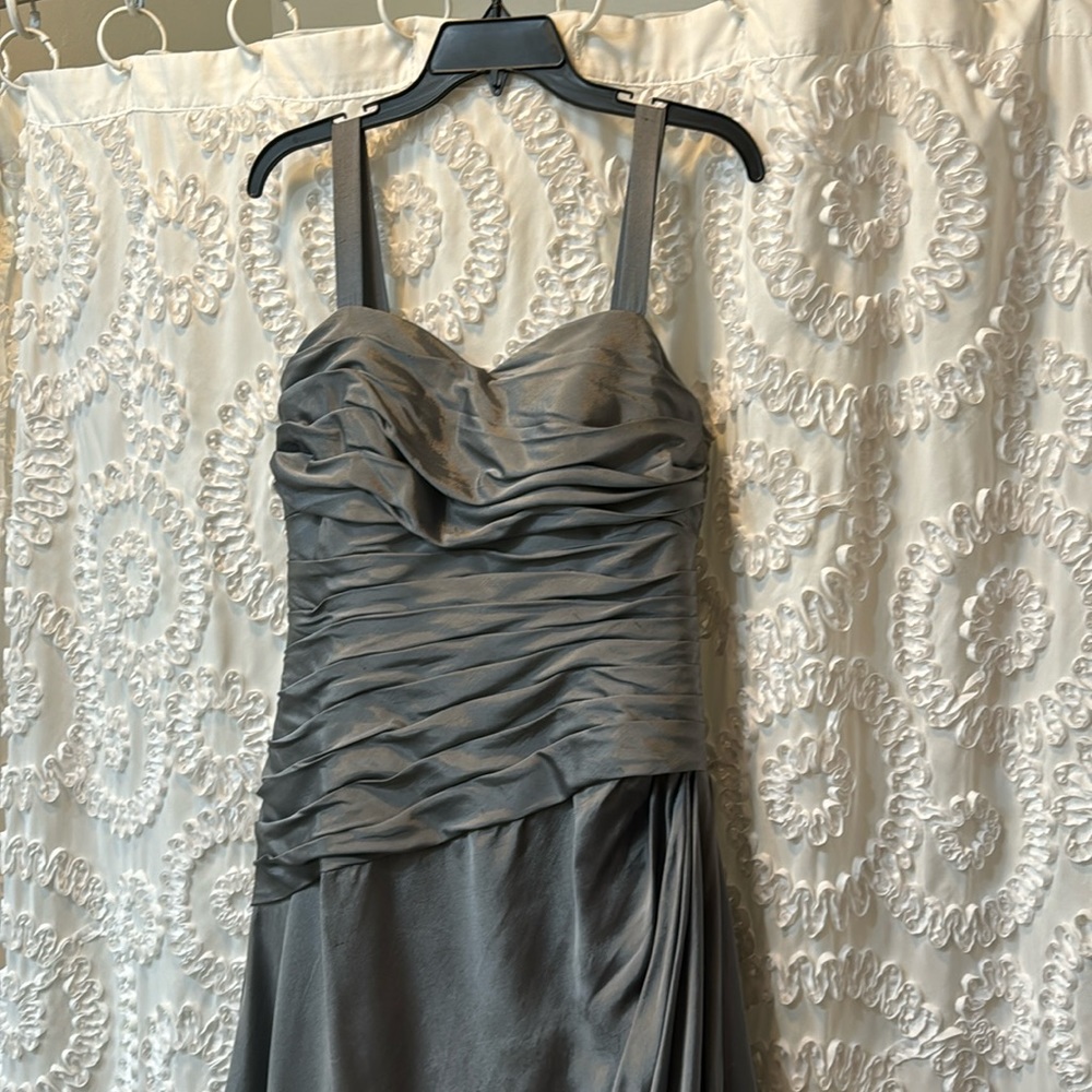Jade Couture silver-gray prom formal dress, size 8, lined, spaghetti straps
